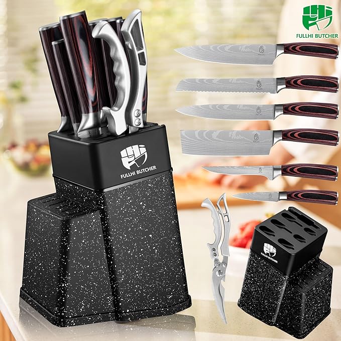 FULLHI 8pcs block Knife Set,chef's Knves Set with Block and Sharpener, Kitchen Knife Set,Multi-colour Handle, Gifts for Men Women