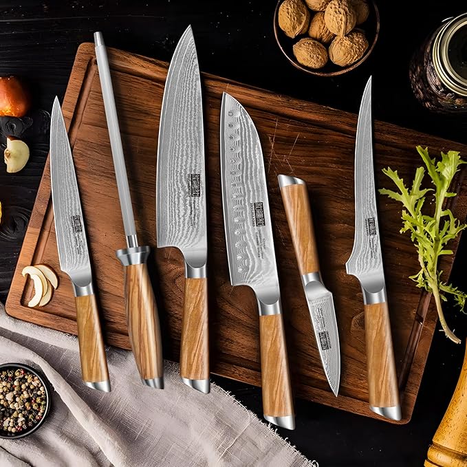 HOSHANHO Knife Set with Block 7-Piece, Professional 67-layer Damascus Super Steel Kitchen Knife Sets for Cooking, Ultra Sharp Knife Set with Sharpener