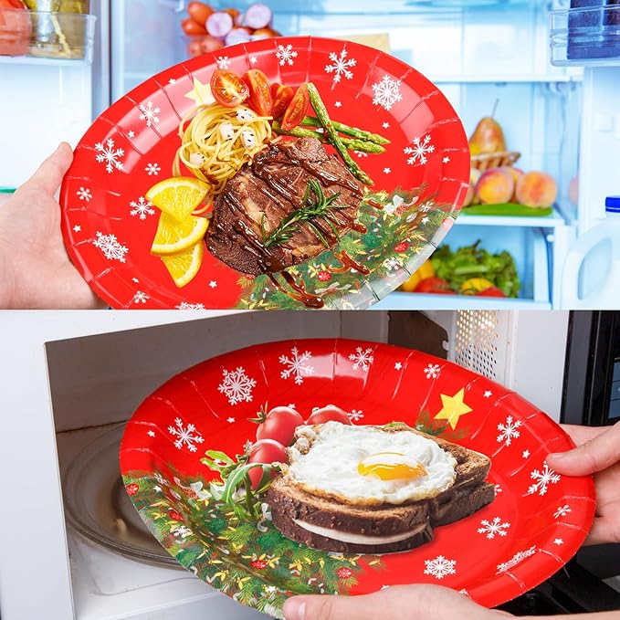 WDF 50Pack Christmas Paper Plates - Oval Paper Plates 10" x 12" for Party Supplies Christmas Trees Large Disposable Platter for Serving Tray Baby Shower Birthday