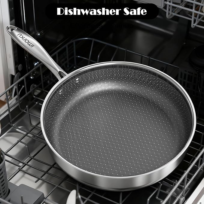 imarku Non Stick Frying Pans, 11.8 inch Hybrid Frying Pans Nonstick with Tempered Glass Lid, Stainless Steel Skillet, Dishwasher and Oven Safe Cooking Pan, Works with All Cooktops, PFOA Free Cookware