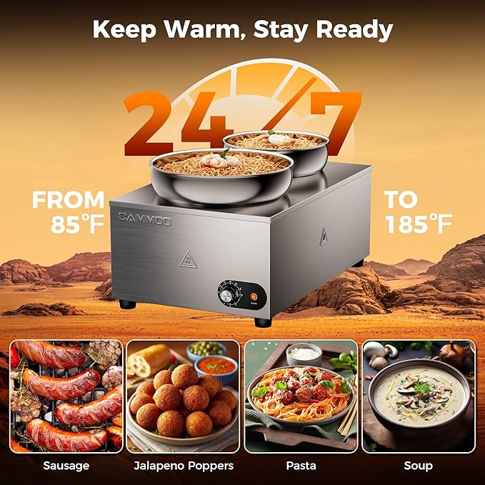 20qt 2-in-1 Electric Soup Warmer and Steam Table Food Warmer, 1200W Stainless Steel Bain Marie Pot, 86~185°F Adjustable Temp, Commercial Soup Kettle for Catering Restaurant Buffet