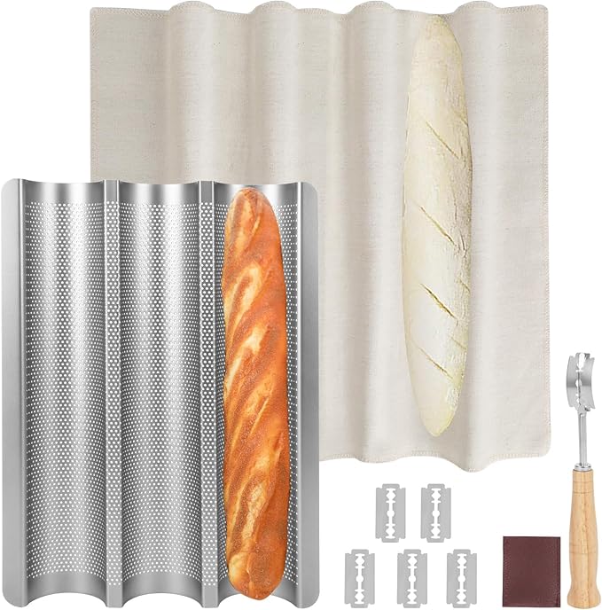 Baguette Pan, Baguette Bread Pan Perforated, Nonstick French Bread Baking Pan 3 Loaves with Proofing Cloth, Dough Cutter Kit for Home Baker, Baguette Tray 15x11 Inch Silver Bread Pan