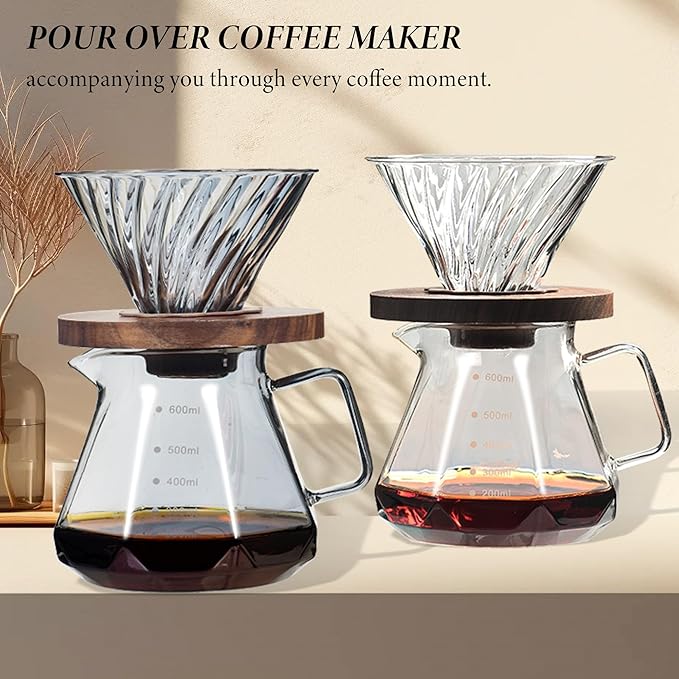 Upgrade Pour Over Coffee Maker - 20 OZ /600ML Borosilicate Glass Coffee Maker with Glass Coffee Dripper, Stylish Elegant Drip Coffee Maker for Home Cafe Restaurant Camping, 600 ml, Gray