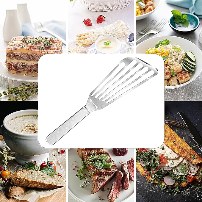 KSENDALO Fish Spatula Stainless Steel, Egg Flipper Spatula with Thin Flexible Slotted and Angled Blade for Kitchen Cooking, Grill, Camping, Essential Metal Spatulas,Silver Kitchen Utensils Set