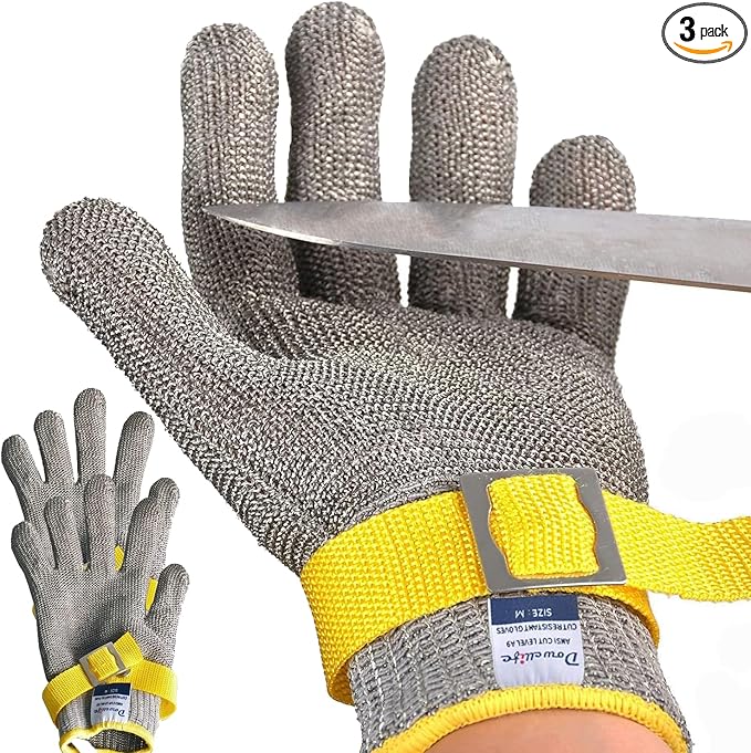 Dowellife Comfortable ANSI A9 Cut Resistant Glove Food Grade, Mesh Metal Kithcen Glove for Chef Oyster Shucking Mandoline Knife Butcher Meat Cutting(Large-3 Pcs)