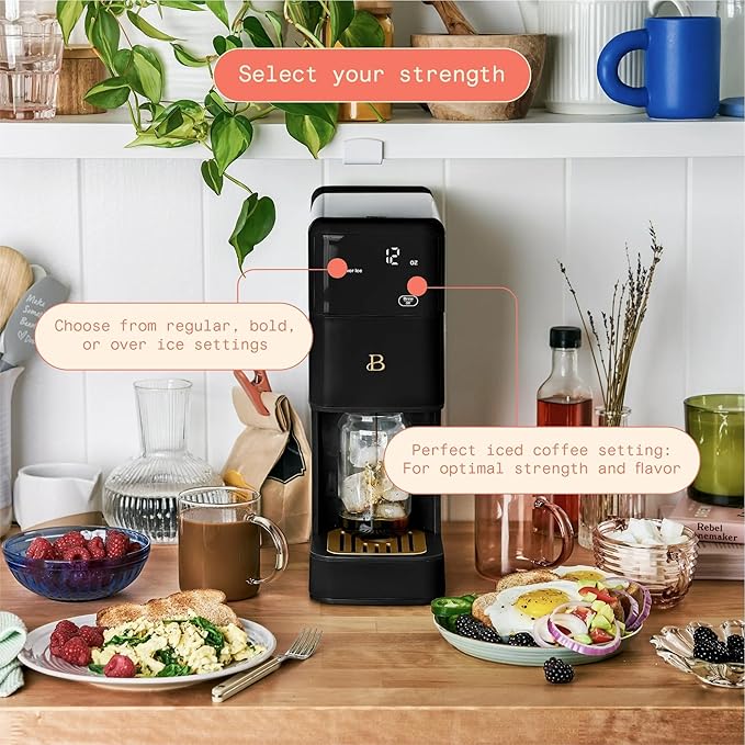 Beautiful Perfect Grind Programmable Single Serve Coffee Maker with Touch Display and Integrated Burr Grinder, Auto Coffee Strength Selection, 64oz Water Reservoir (Black Sesame)