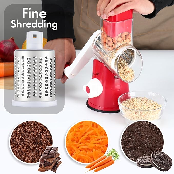 Rotary Cheese Grater Shredder, Speed Kitchen Manual Round Mandolin Slicer Safe Grinder with 3 Interchangeable Blades for Nuts, Carrot, Hashbrown, Garlic, Walnut, Potato, Chocolate (Red)