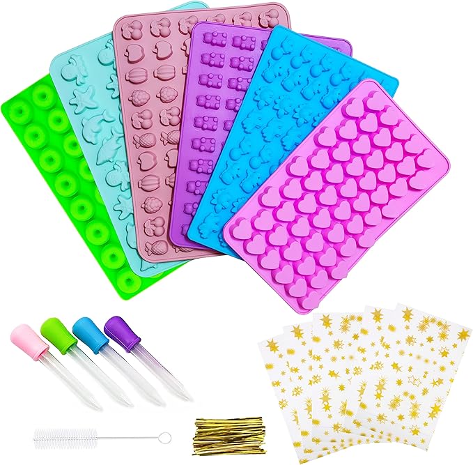 KRLIFCSL Gummy Molds 6 Pcs Set 299 Candies, 16 Shapes with 4 Droppers, 1 Clean Brush & 50 Package Bags, Including Dinosaur, Hearts, Sea Animals Nonstick Chocolate Molds (Mini Multicolor)