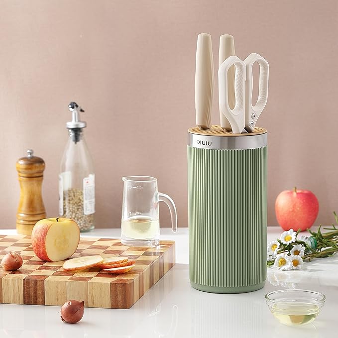 Knife Block without Knives, OLULU Universal Round Knife Block Holder, Spacing Saving Knife Storage Organizer Stand Rack for Countertop (Stylish Green+Yellow Color)