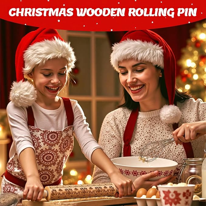 Christmas Gifts Wooden Embossed Rolling Pin for Baking, Deep Engraved Embossing Rolling Pins Cookie Stamps Roller with Christmas Elk Deer Pattern Designs for Baking Cookies Stamps Roller, DIY Tools