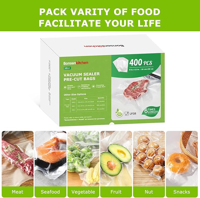 Bonsenkitchen Vacuum Sealer Bags,400 Quart 8" x 12" Precut Food Sealer Bags, Commercial Grade, BPA Free, Heavy Duty, Customized Size Vacuum Bags for Vac Storage, Meal Prep or Sous Vide Cooking, VB14