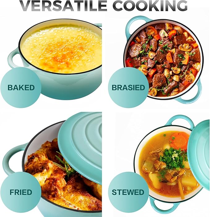 Trustmade 3 QT Cast Iron Dutch Oven, Enamel Coated Cookware Pot with Self Basting Lid for Home Baking, Braiser, Cooking, Aqua