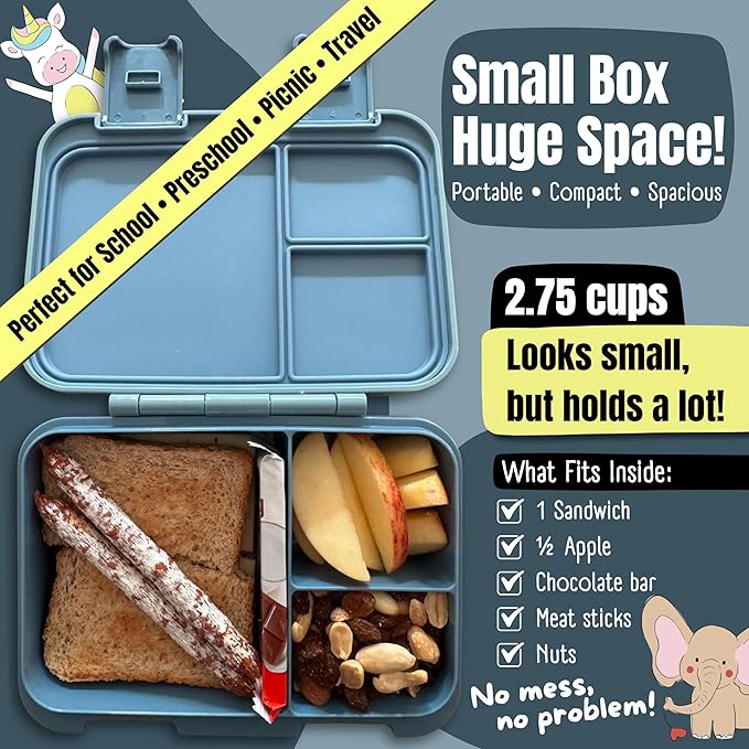Kids Lunch Box with Compartments – Compact & Lightweight | Leak-Proof, BPA-Free, Dishwasher & Microwave Safe | Hand-Drawn Design for Preschool, School, Travel (Firetruck Bunnies Blue, 2.75 Cups)