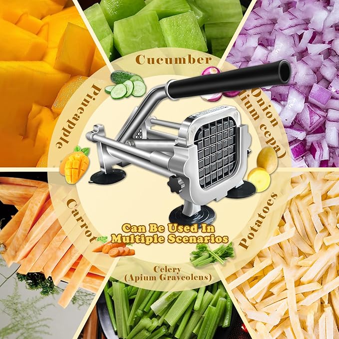 French Fry Cutter, Stainless Steel Commercial Vegetable Chopper, 1/2 Inch, 3/8 Inch and 1/4 Inch Blades Potato Cutter, Easy Clean Manual Chopper for Carrot, Yam, Cucumbers