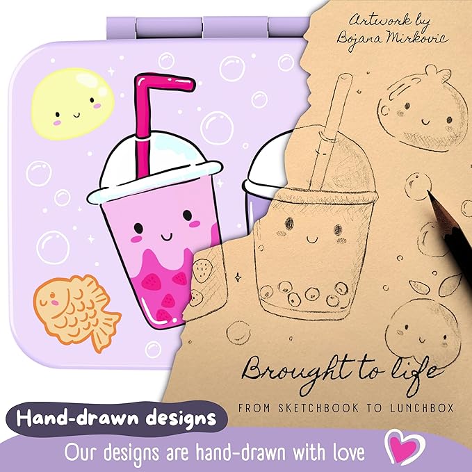 BEARFOOT Kids Lunch Box with Compartments – Compact & Lightweight | Leak-Proof, BPA-Free, Dishwasher & Microwave Safe | Hand-Drawn Design for Preschool, School, Travel (BubbleTea Purple, 4 Cups)