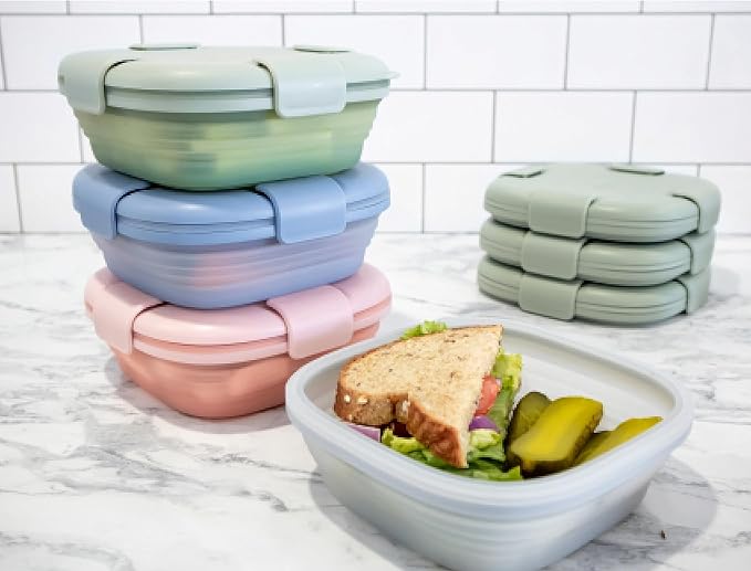 STOJO Collapsible Sandwich Box – 24oz, Reusable Food Storage Container, Silicone Bowl for Hot/Cold Food – Meal Prep, Lunch, Camping, Hiking – Dishwasher Safe (Set of 5, Translucent Cashmere)