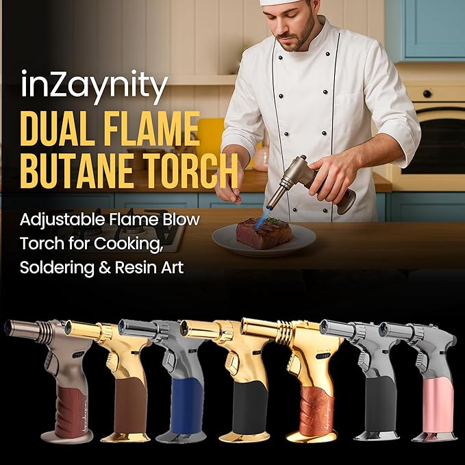 Dual Flame Butane Torch Gun - Refillable Luxury Hand Held Mini Blow Torch for Cooking, Creme Brulee, Soldering, Welding, & Resin Art - Adjustable Flame with Ignition Lock - Gold Black by inZaynity