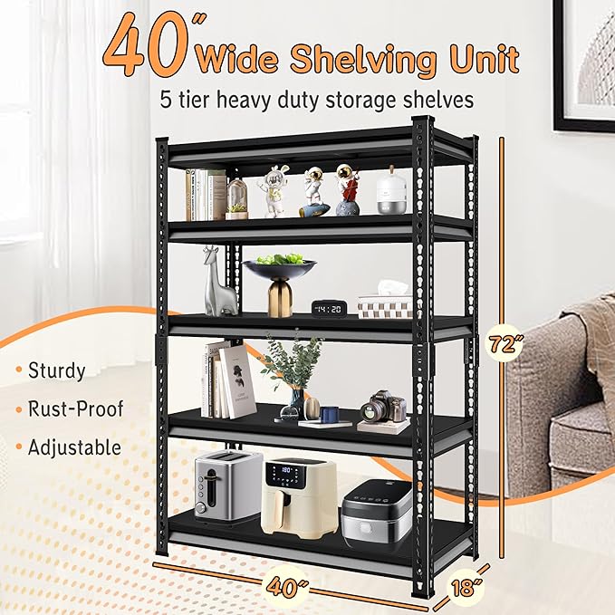 Adjustable Shelving Units and Storage, 40”W Garage Shelving Heavy Duty,2000LBS Loads 5-Tier Garage Storage Shelves, Metal Shelves for Living Room,Pantry,40”W×18”D×72”W,Black