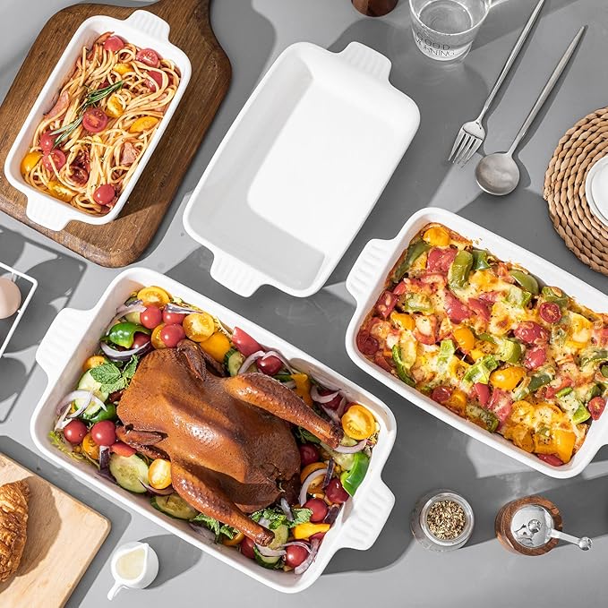 Casserole Dishes for Oven, Ceramic Baking Dishes, Porcelain Bakeware Set of 4, Rectangular Baking Pan, White Deep Lasagna Pan with Handle for Cooking, Roasting, Cake, 15.3"/12.8"/11.6"/9.8"