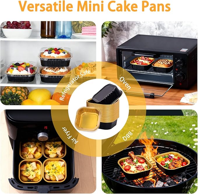 FORBFAN 150 Pack 8 oz Mini Square Cake Pans with Lids, Aluminium Foil Square Brownie Baking Cups, Black and Gold Disposable Ramekins Oven Safe