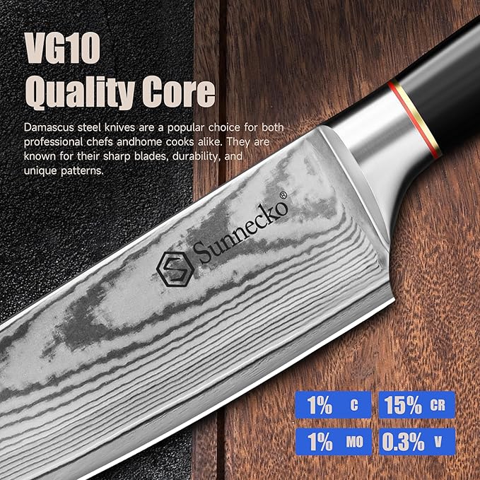 Sunnecko Damascus Nakiri Knife,Japanese VG10 Core Steel Damascus Cleaver Knife,Professional Razor Sharp Kitchen Knives with Knives Sharpner