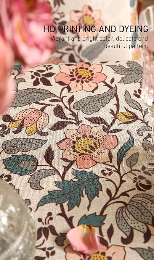 ISAENNE Designer Boho Floral Extra Long Tablecloth Rectangle,Linen Lotus Flower Pattern Colorful Table Cloth,Durable Decor Tablecloths for Dining Thanksgiving Kitchen Christmas,67"*118"-Hazel A