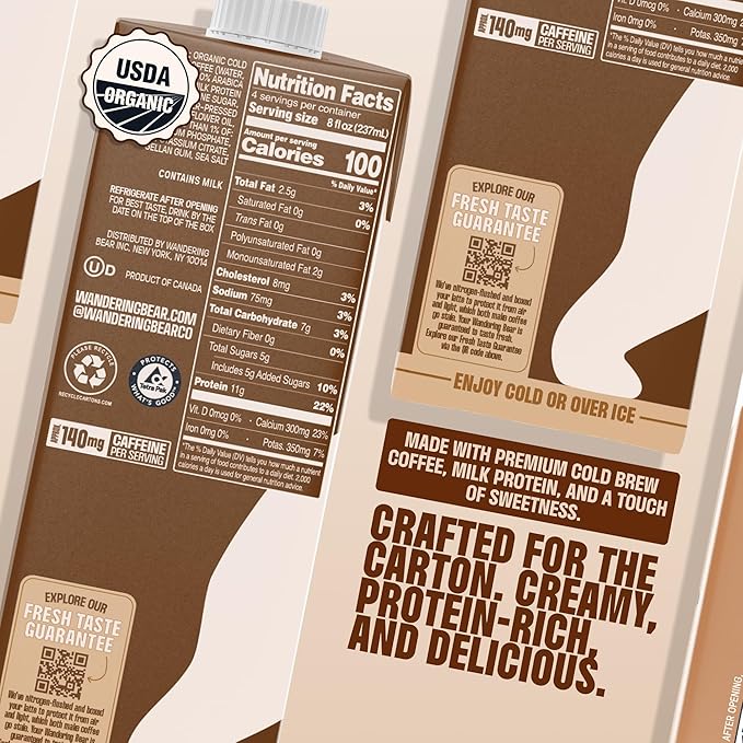 Wandering Bear Double Latte Organic Cold Brew Coffee — 32 fl oz, 3 pack - Creamy High-Protein Cold Brew Latte, 11 g Protein, Only 100 Calories, 5 g Sugar, Double Shot Strength (Shelf-Stable)