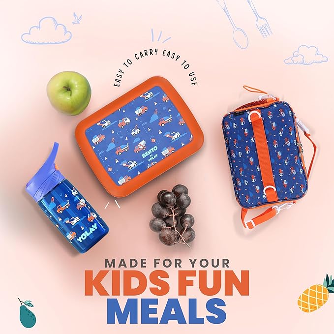 YOLAY Bento Box for Kids Lunch Box Leak-Proof, 5-Compartment Lunch Box Kids for Ages 3-10, Durable with Anti-Slip Base, Suitable for Schools, Outdoor and Travel (Trucks)