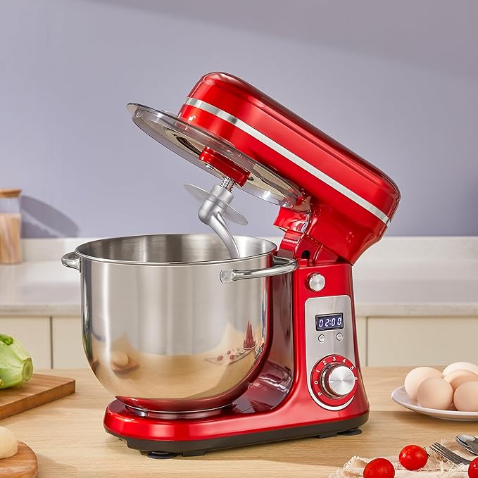 Biolomix Kitchen Electric Stand Mixer, 6 Speed Tilt Head Food Mixer with 6.5 QT Stainless Steel Bowl, Dough Hook, Flat Beater, Whisk and Anti Splash Cover, (6.5QT, Red)