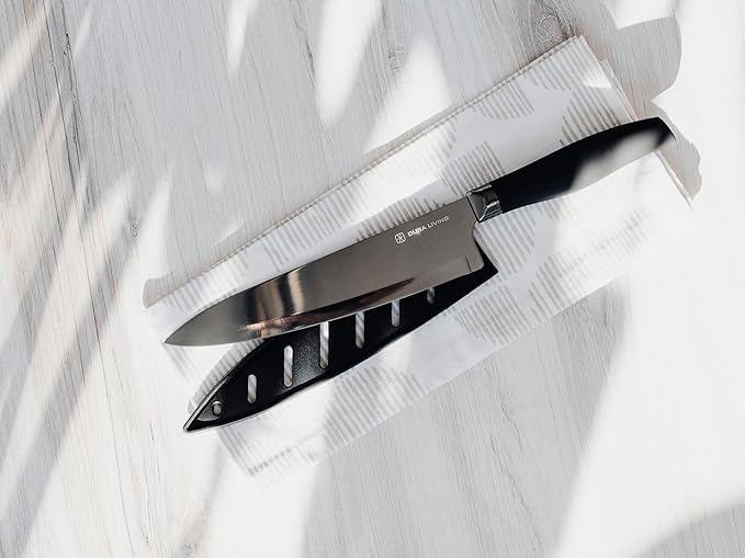 DURA LIVING Chef Knife, 8 Inch Nonstick Titanium Plated Stainless Steel Ultra Sharp Blade, With Ergonomic Comfort Grip Handle Chef's Cooking Knife, With Matching Sheath