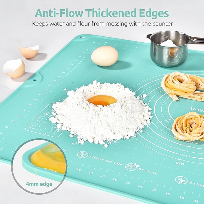 U-Taste 28"x20" Large Pastry Mat: Food-Grade Liquid Silicone Dough Rolling Baking Sheet, Non-Stick Non-Slip for Kneading, Making Pizza, Fondant, Pie with Clear Measurement and Raised Edges (Aqua Sky)