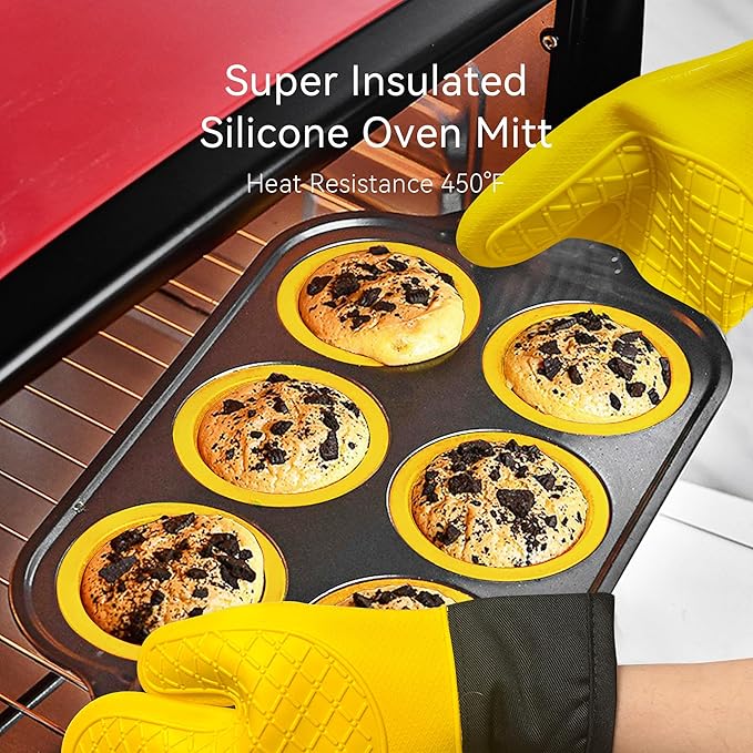 8 Piece Nonstick Baking Pans, Silicone Bakeware Set with Press to Release Design, Oven Mitts, Spatula & Brush Flexible, Stackable, BPA Free, Dishwasher & Oven Safe, Yellow