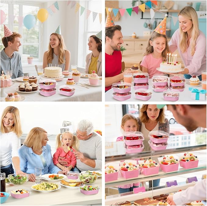 FORBFAN 150 Pcs Square Mini Cake Pans with Lids, 8 oz Individual Mini Loaf Pans, Pink Aluminum Foil Cupcake Baking Cups