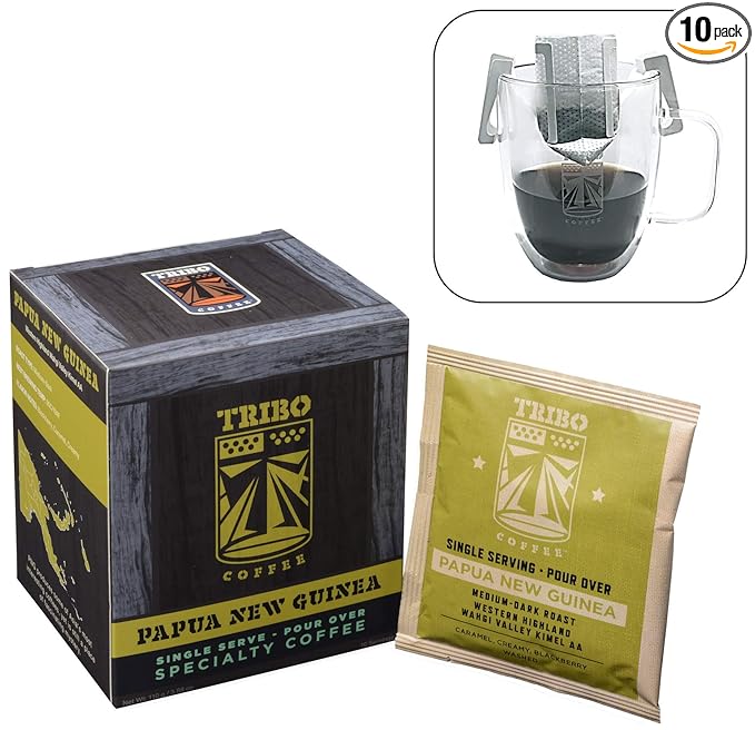 Tribo Coffee Single-Serve Portable Pour Over Drip Coffee - Papua New Guinea - 10 Servings (Medium-Dark Roast)