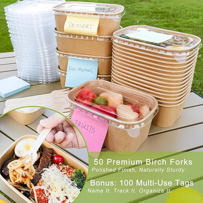 MINCOCO 50 Count Paper Bowls Disposable Meal Prep Containers with Lids【Includes 50 Wooden Forks + 100 Labels】 Salad Food Containers Freezer & Microwave Safe Leakproof Soup Bowls (29 Ounce, 50-Count)