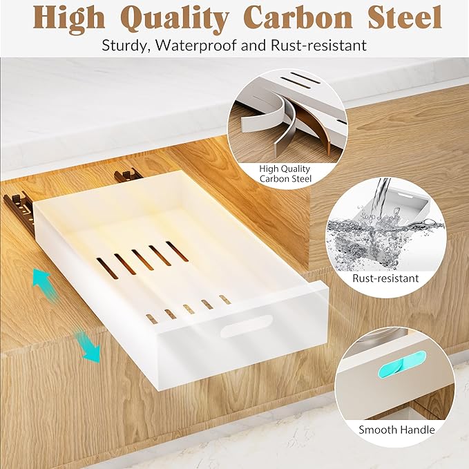 HBL' 1 Pack | 21" Deep Pull Out Cabinet Organizer Adhesive, 12-Inch Wide Sturdy Carbon Steel Roll-Out Drawers for Face Frame or Frameless Cabinets,Slide-Out Shelves for Pantry.