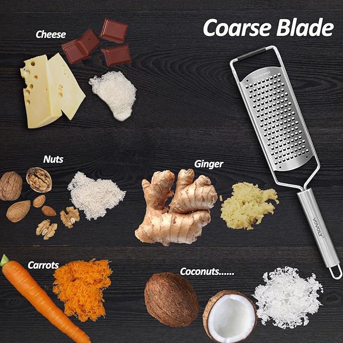 Professional Zester Grater Coarse for Cheese, Carrot, Ginger, Coconut, Nuts and Horseradish, Kitchen grater with Razor-Sharp Stainless Steel Blade (Coarse)