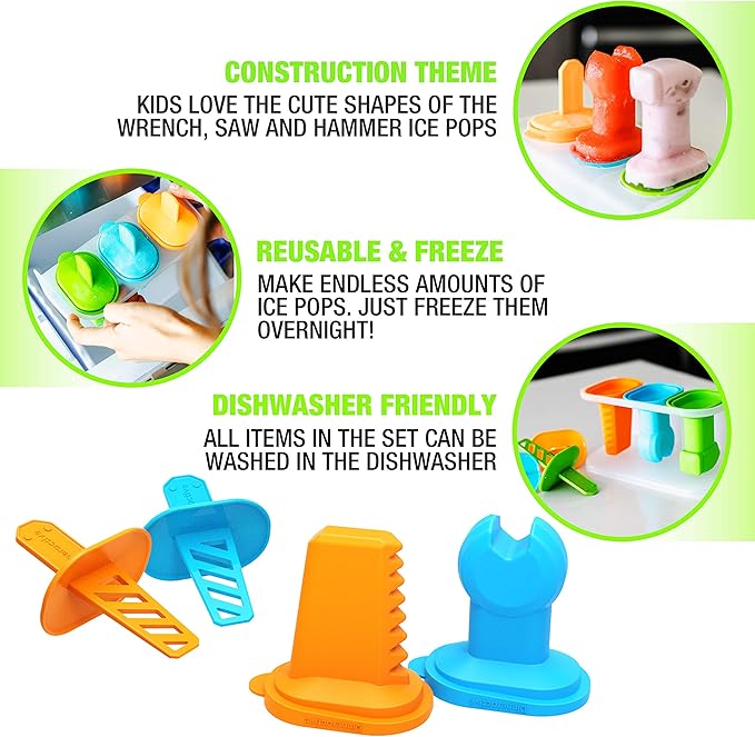 Dinneractive Play Pop Popsicle Molds - 3 PC Tool Themed Set - Reusable Silicone Molds for DIY Popsicles for Kids