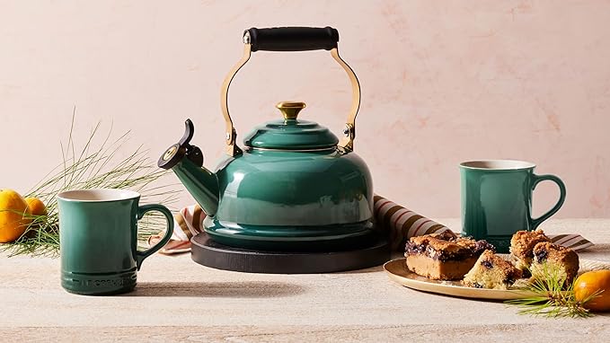 Le Creuset Enamel On Steel Demi Kettle & Stoneware Set of 2 Mugs, 1.25 qt. Kettle & (2) 14 oz. Mugs, Licorice