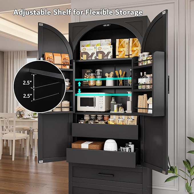 iPormis 71" Tall Kitchen Pantry Storage Cabinet w/Adjustable Shelf, Large Drawers & Door Shelves, Freestanding Kitchen Cupboard for Dining Room/Living Room, Black