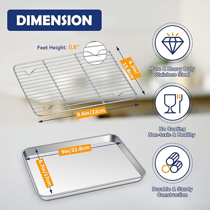 9 Inch Baking Sheet Pan with Rack Set, Joyfair Stainless Steel Toaster Oven Pans Tray & Cooling Racks for Cookie/Jelly Roll/Bacon/Meat, Commercial Metal & Rust-free, Dishwasher Safe