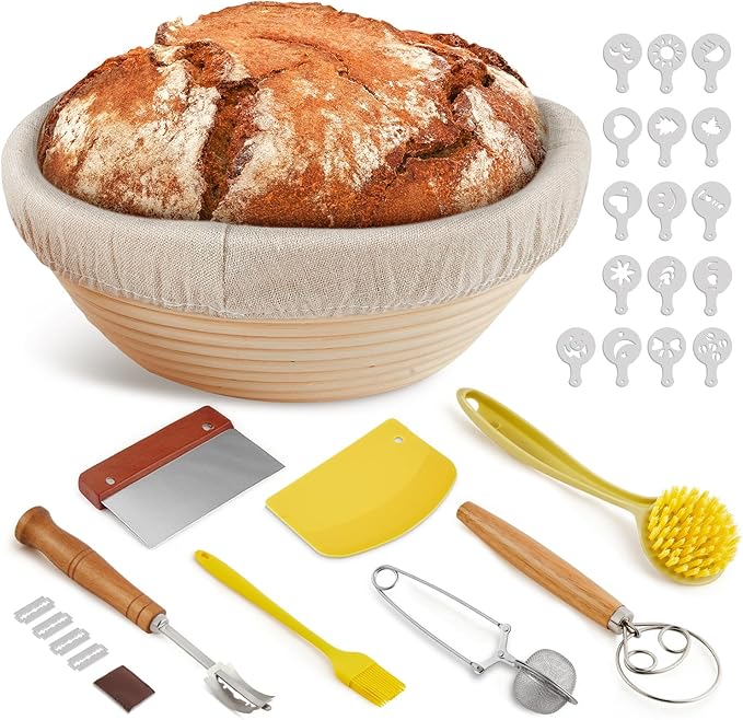 Banneton Bread Proofing Basket, Sourdough Starter Kit, 9" Round Sourdough Bread Baking Supplies with Dough Whisk, Bread Lame, Brush, Scrapers, Flour Duster & Stencils, Bread Making Tools Gift Set