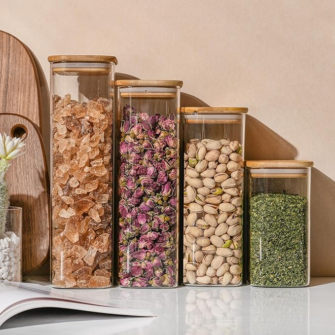 37oz Rectangle Airtight Glass Storage Containers with Bamboo Lids (Set of 4), Square Food Storage Jar, Pantry Organizers for Cereal, Nuts, Snacks and Coffee beans (‎with Black Lable)
