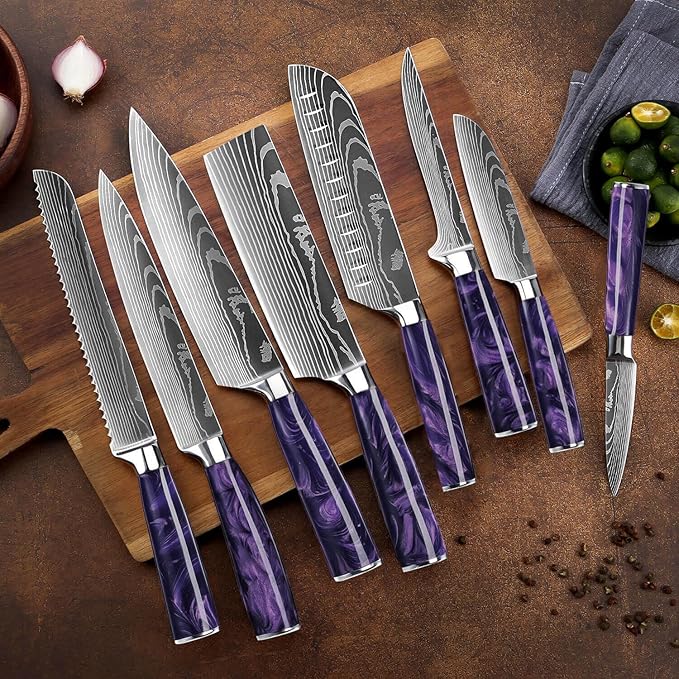 SENKEN 16-Piece Kitchen Knife Block Set - Japanese Chef's Knife Set with Laser Damascus Pattern, Includes 6 Steak Knives and Smoothly-Finished Acacia Hardwood Knife Block (Purple Resin Handles)