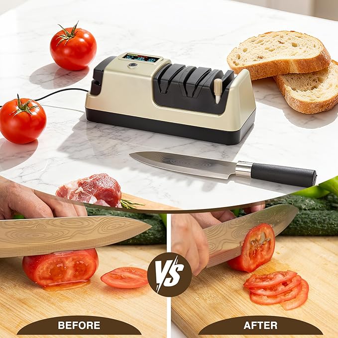 Light Blonde 5 in 1 Electric Knife Sharpener with LCD Screen for Kitchen Knives, 3 Rotational Speed Electric kitchen Knife Sharpener for Straight,Serrated, Ceramic Knives,Scissors & Axes
