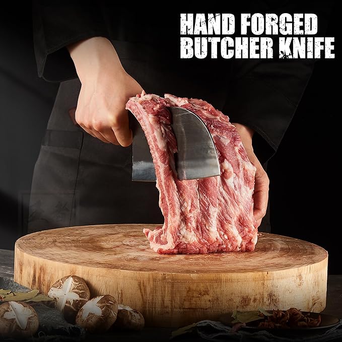 ENOKING Butcher Knife for Meat Cutting, 6.6 Inch HandForged Meat Cleaver Knife Heavy Duty Bone Chopper, High Manganese Steel Serbian Chef Knife with Leather Sheath and Full Tang Handle (Brown Handle)
