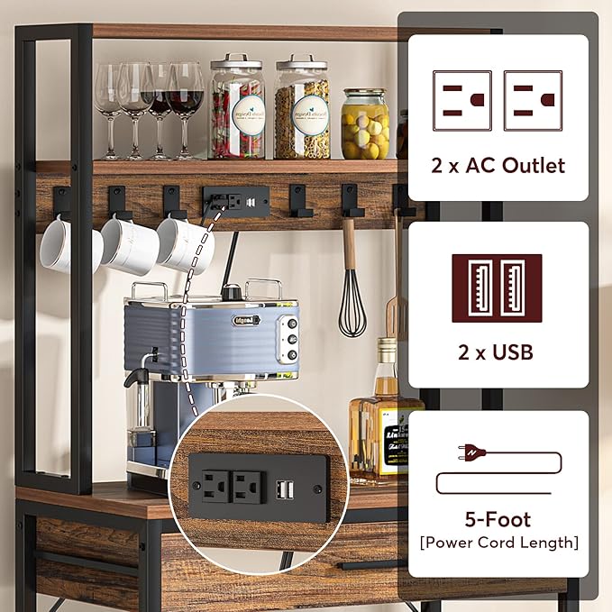 Tribesigns Kitchen Bakers Rack with Power Outlets, 5-Tier Microwave Oven Stand with Drawer and Sliding Shelves, Freestanding Coffee Bar, Kitchen Storage Shelf with 6 Hooks, Rustic Brown