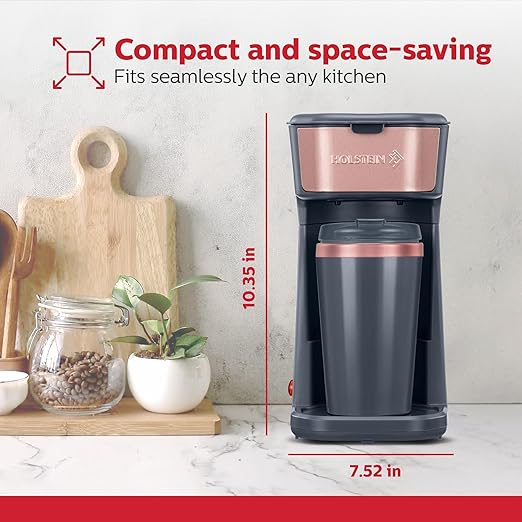 Holstein Housewares Personal Coffee Maker with 14oz Travel Mug – Compact One-Touch Brew Machine with Reusable Filter, Auto Shut-Off, Non-Stick Plate, Ideal for Home, Office, or Dorm. Rose Gold & Grey