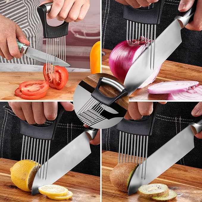 Stainless Steel Onion Holder for Slicing, Lemon Slicer Onion Cutter, Vegetable Cutter for Potato and Tomato, Avocados, Eggs, Food Slicer Assistant Tool for Fruit and Meat