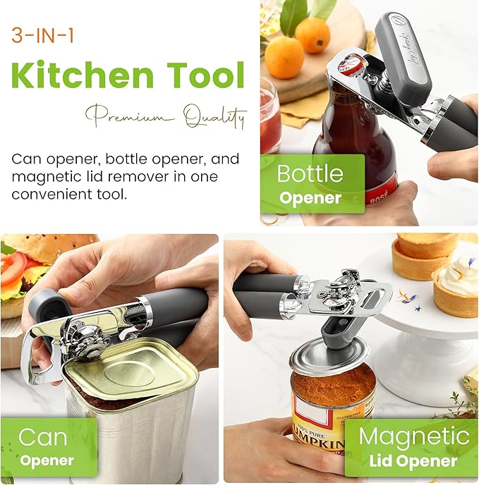 Spring Chef Stainless Steel Can Opener - Manual with Soft Grip Handles, Easy Turn, Heavy Duty Hand Can Openers for Seniors with Smooth Edge - Magnetic Lid Remover - Gray
